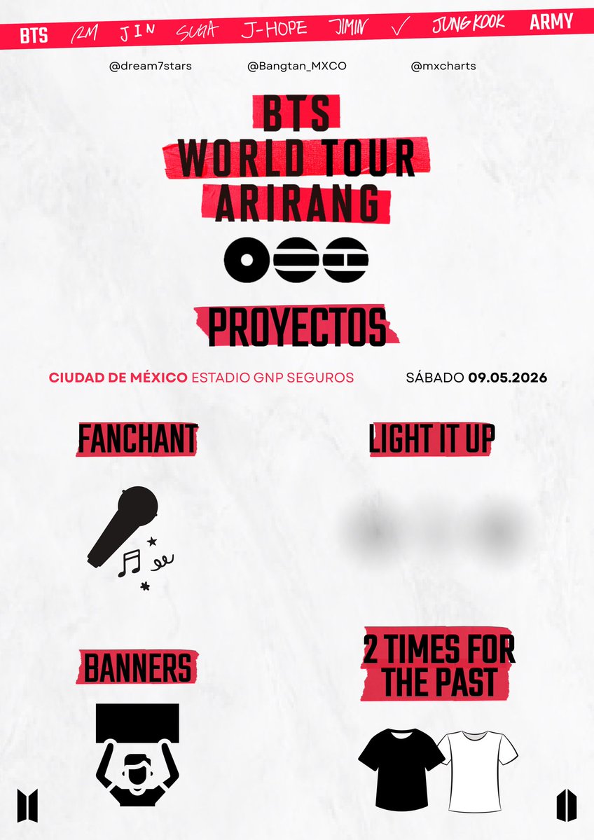 [FAN PROJECTS] BTS WORLD TOUR ARIRANG IN MEXICO CITY - 9 Mayo, 2026 🇲🇽

¿Listo para vivir la emoción de #BTS en México y dejar tu voz en el estadio GNP Seguros? 

Por ahora compartimos contigo el nombre de los proyectos para el día 9 de Mayo, mantente al pendiente para mayor