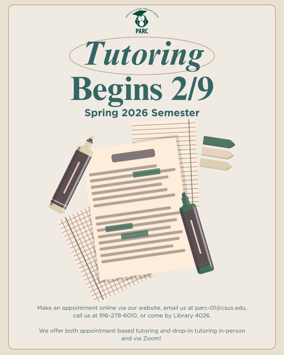 The Peer and Academic Resource Center (PARC) offers free tutoring for all Sac State students! 💚

We offer appointment-based and drop-in tutoring, in person and via Zoom. 

Book online, email parc-01@csus.edu, call 916-278-6010, or visit Library 4026! ✨