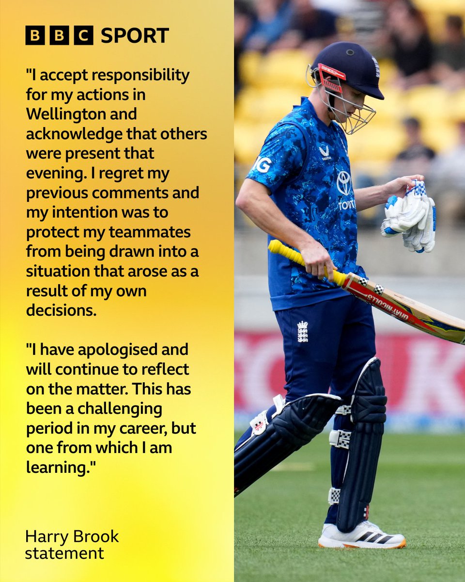 bbctms's tweet photo. Harry Brook says other players were present when he was involved in an altercation with a nightclub bouncer before a ODI in New Zealand.

The England white-ball captain had initially suggested he was out on his own in Wellington on the evening of 1 November, but has conceded in a statement that others were with him and he lied to protect them "from being drawn into a situation".