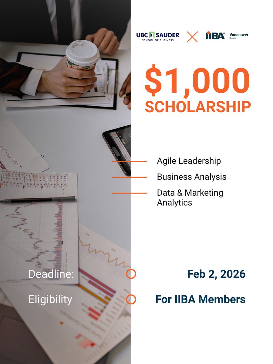 UBC Sauder - IIBA Vancouver Scholarship -Application deadline: Feb 2/26 IIBA Vancouver has collaborated with Sauder to share in awarding one $1,000 scholarship in course-fee credits to eligible IIBA members. For applicable courses or to apply visit: growth.sauder.ubc.ca/resources/fina…