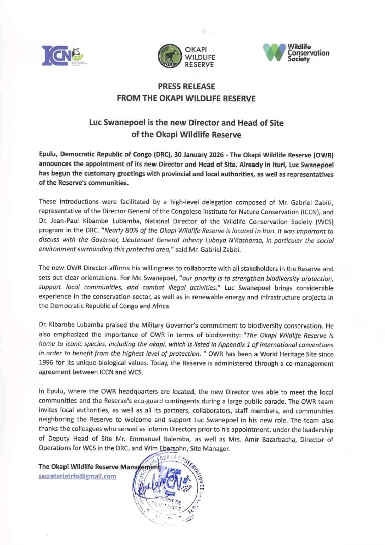 rfe1news's tweet photo. #LATEST_NEWS #DRCONGO #ICCN #RFO #EPULU
📢 #OFFICIAL_ANNOUNCEMENT
The Okapi Wildlife Reserve ( #OWR ) announces the appointment of its #New_Director and Head of #Site. Already in Ituri, #Luc_Swanepoel has begun the customary greetings with provincial and local authorities, as well as representatives of the Reserve's communities.
The #OWR team invites local authorities, as well as all its partners, collaborators, staff members, and communities of the Reserve to welcome and support #Luc_Swanepoel in his new #role.
Wildlife Conservation Society Okapi Conservation Project
@TheWCS @gorillacd @rfo_rdcongo @WWF_RDCongo @PreppygR @reseau_cref
https://t.co/hEqD5hT67r