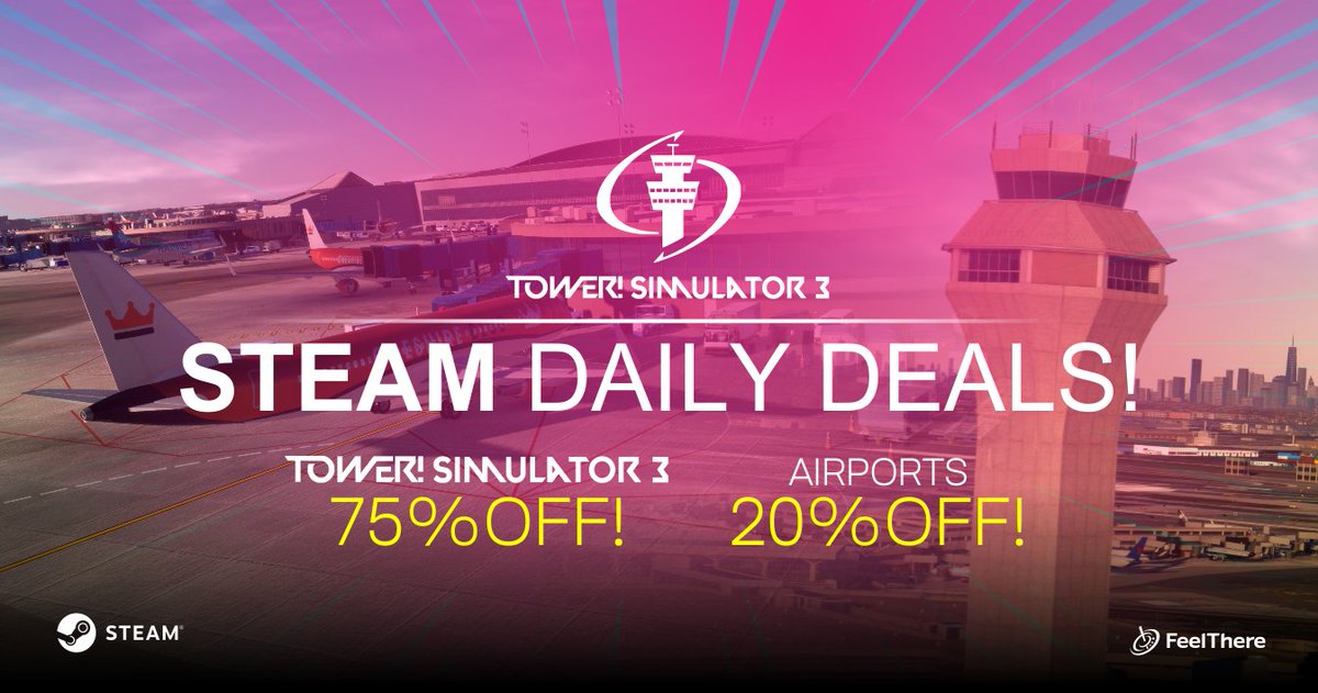 feelThere's tweet photo. Tower! now featured in the Steam Daily Deals 🤩

- Tower! Simulator 3 👉 75% OFF‼️
- Feelthere Airports 👉 20% OFF‼️

Limited time ⏰ Don’t miss your slot!

Get it 👉 https://t.co/f6YHUokuBq 

#Steam #Tower #ATC #AirTrafficController #ATCSimulation #AirTrafficControl https://t.co/sneQNU8sao