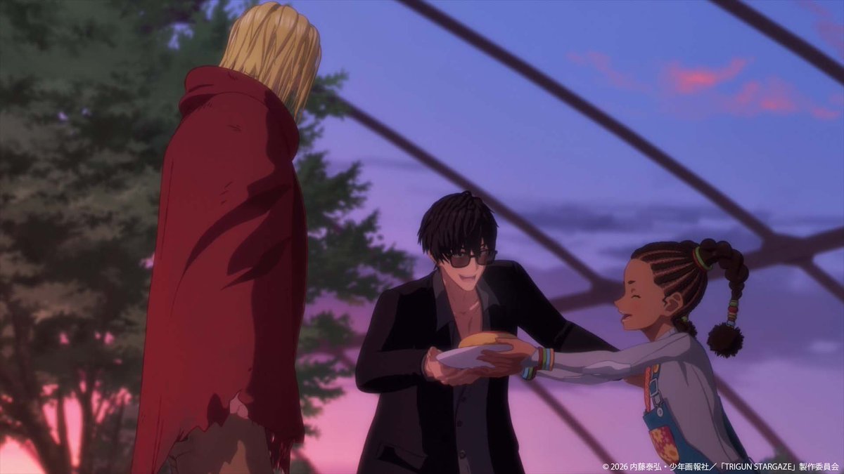 the MALICIOUS and GREEDY wolfwood attempts to STEAL a little girls FOOD as vash the stampede does NOTHING from the sidelines