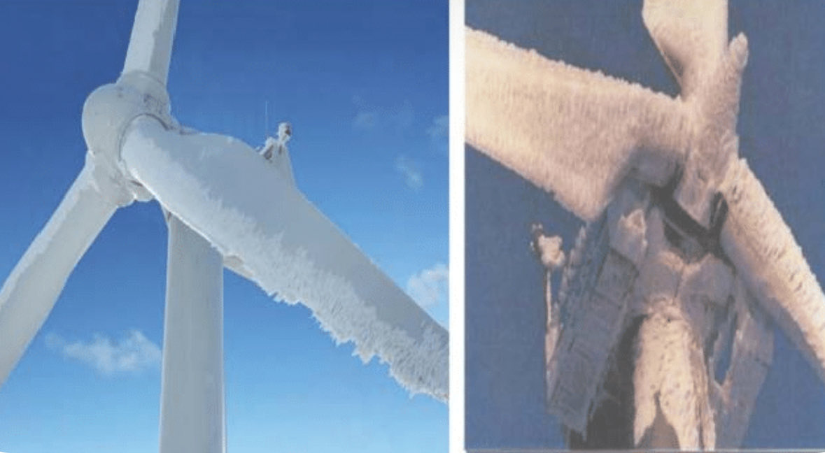 TheStonesEG's tweet photo. Offshore windmills covered in ice, known as icing, severely impact performance by causing up to 80% power loss, reduced aerodynamic efficiency, and structural strain due to imbalanced blades. Ice accumulation, often exceeding one foot in thickness, triggers safety shutdowns and requires active mitigation systems, such as internal heating or  chemical coatings. 🥴