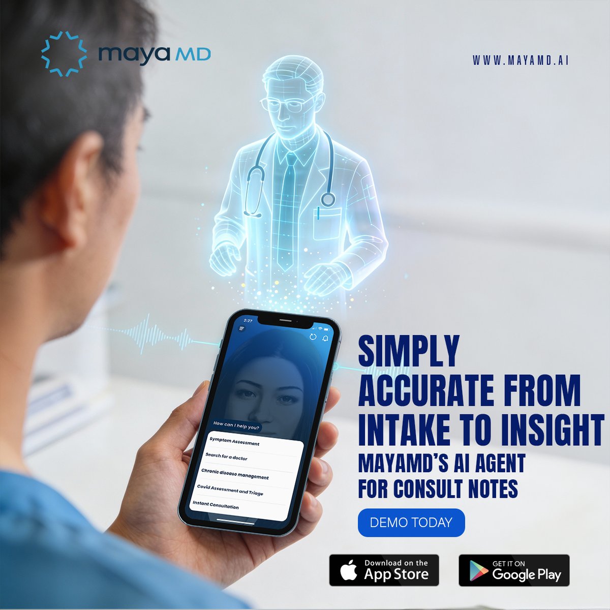 MayaMdai's tweet image. Collect all needed patient data for your consult notes pre-visit with MayaMD’s AI agent. Demo today &amp;amp; see the magic of AI #healttech #aihealthcare