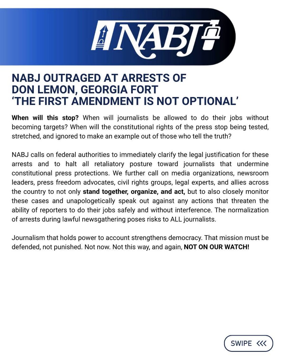 WABJDC's tweet photo. The National Association of Black Journalists has released a statement on the alarming arrests of journalists Don Lemon and Georgia Fort https://t.co/u4rTqbT5Hj