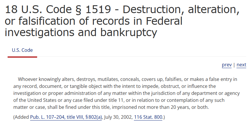 MemberBlasts's tweet image. Yet ANOTHER instance of CRIMES being done by a Corrupt Administration - they need to all be IMPEACHED!

This VIOLATES 18 U.S. Code § 1519: Destruction, alteration, or falsification of records in Federal investigations.

(Also, you can't undo your CRIME by "putting it back", MAGA)