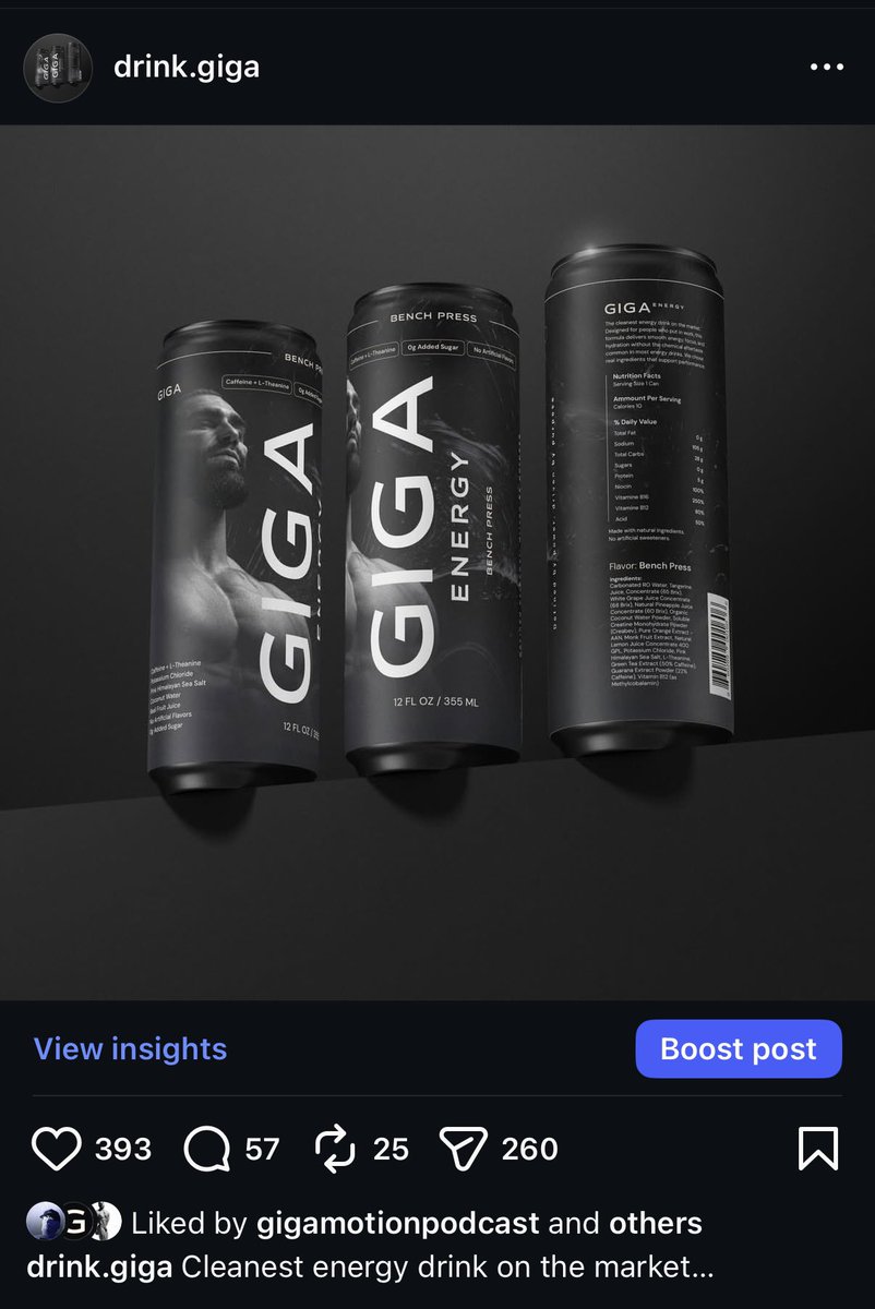 Wow 393 likes on inagural Giga Energy Instagram post.

All normies because I know nobody on CT has instagram.

Demand is building before we even launch.

Million of cans sold every month, all with QR codes to buy.

Every coin is cooked right now, but only a few will come back.