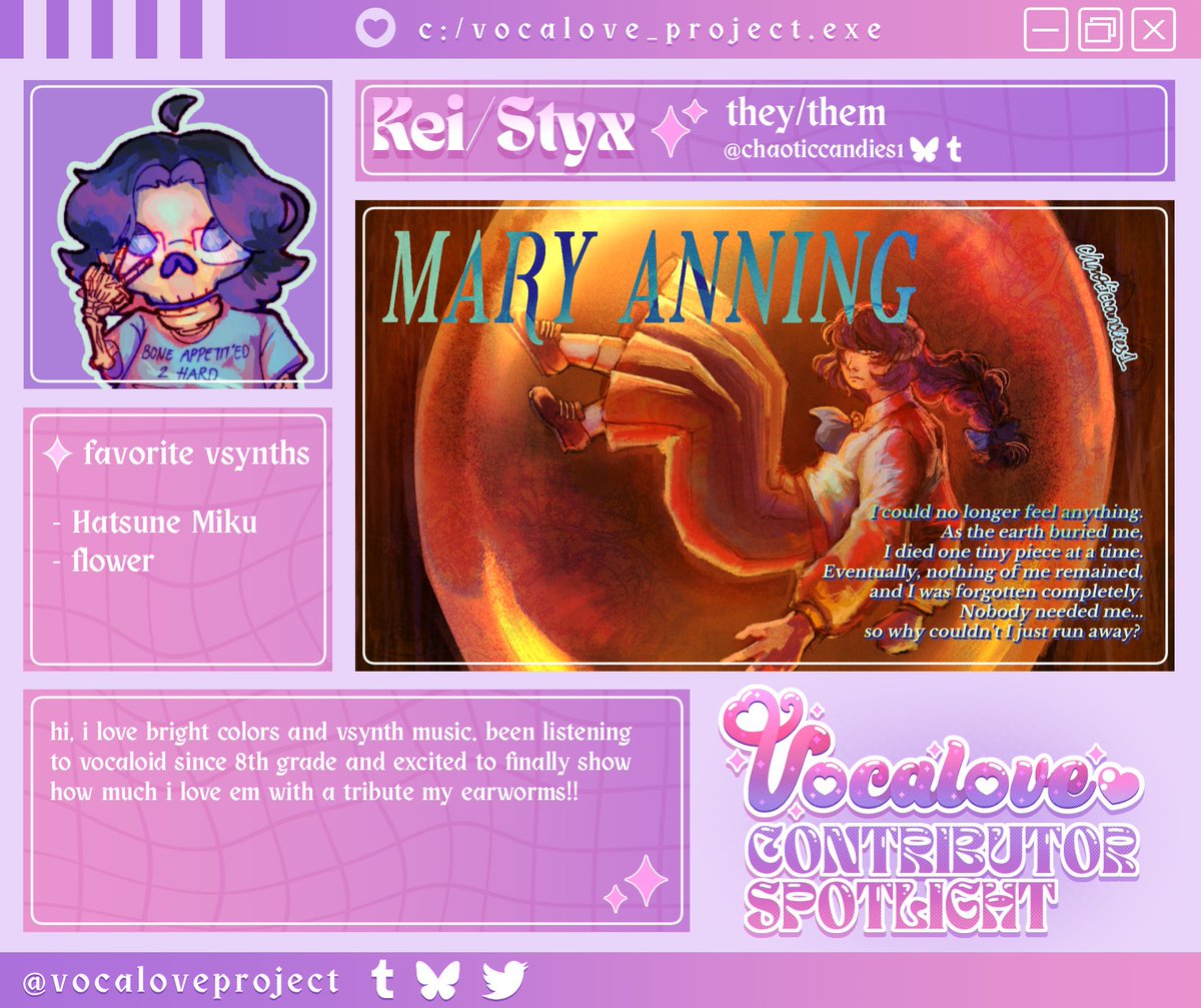 💜 𝗖𝗢𝗡𝗧𝗥𝗜𝗕𝗨𝗧𝗢𝗥 𝗦𝗣𝗢𝗧𝗟𝗜𝗚𝗛𝗧
Today we introduce our next contributor, Kei/Styx!
Make sure to check their socials and support them ♡

🤍 [Bsky/Tumblr] chaoticcandies1

#zinepromo #contributorspotlight
💌 vocaloveproject.tumblr.com