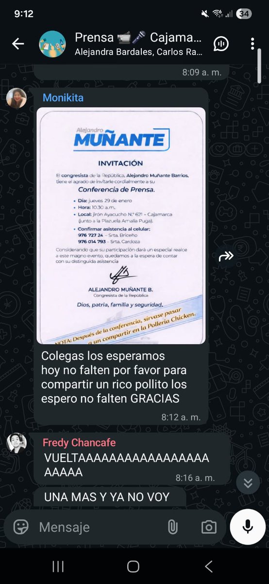 otraprensaa's tweet photo. @AlejoMunante @rlopezaliaga1 @AlejoMunante y es cierto que vas a tomar acciones legales? Sobre la base de qué. El periodismo transmite con pruebas y las hemos presentado, si a alguien quieres darle un jalón de orejas es a la que envió la invitación a los grupos wsp. https://t.co/nqtUpnc7Jp