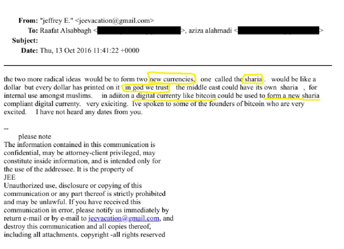 IS THIS NOT INSANE????

Epstein literally wanted to create a new digital currency like  bitcoin called "sharia" with "In god we trust" engraved on it   

he said btc founders were excited

justice.gov/epstein/files/…

justice.gov/epstein/files/…