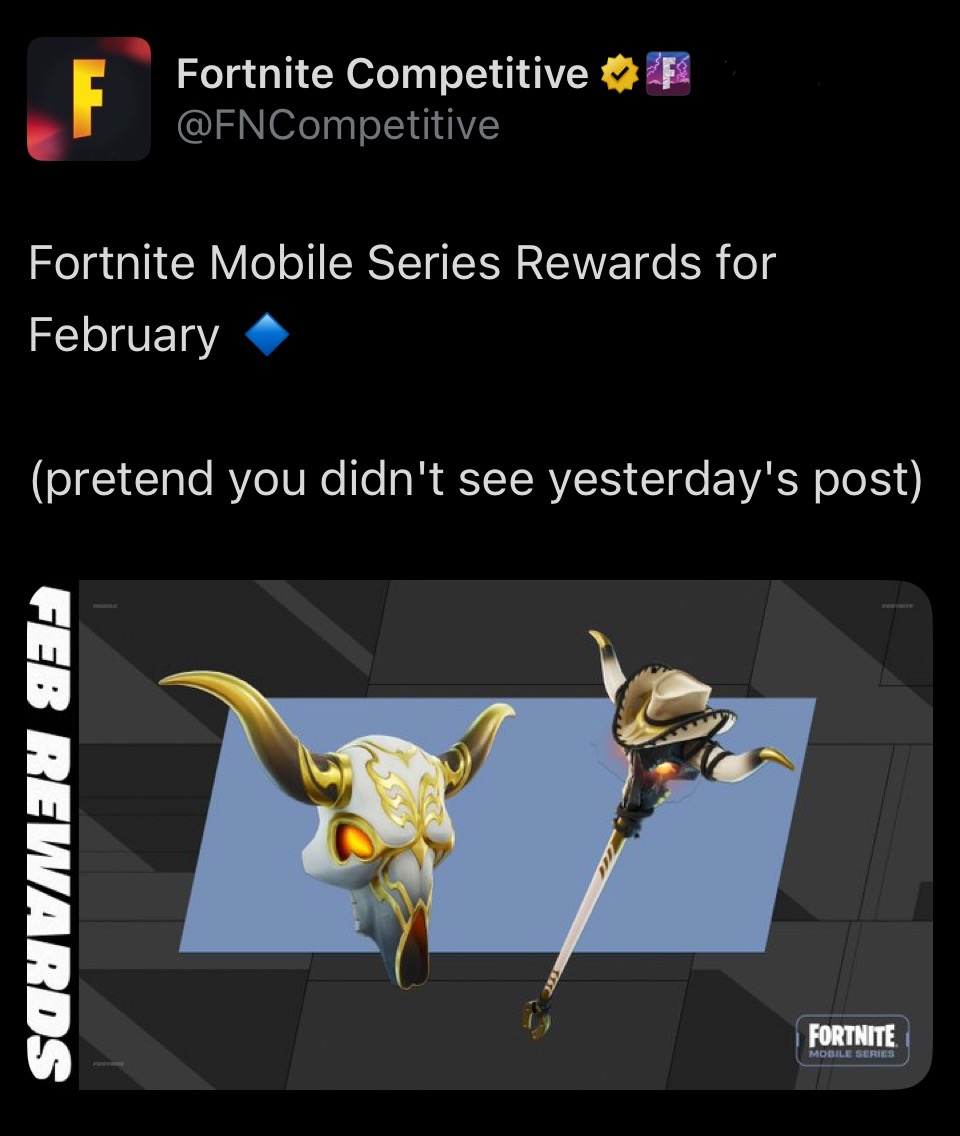 FireMonkey's tweet image. Fortnite competitive has once again posted the wrong image for February rewards