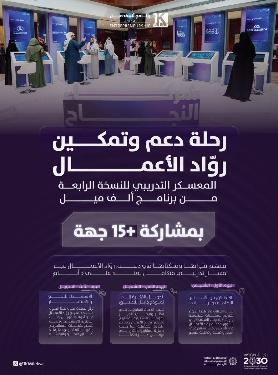 يجسّد المعسكر التدريبي للنسخة الرابعة من #برنامج_ألف_ميل رحلة دعم وتمكين لروّاد الأعمال تمتد على مدار ثلاثة أيام، بمشاركة جهات داعمة تسهم بخبراتها في تطوير المشاريع وتعزيز جاهزيتها، من التأسيس والتشغيل إلى الاستعداد للنمو والاستثمار.