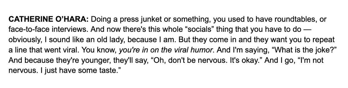 I interviewed Catherine O'Hara last year for "The Studio" and asked her about how Hollywood has changed in the last 50 years.

One of my favorite bits that was cut from the story —