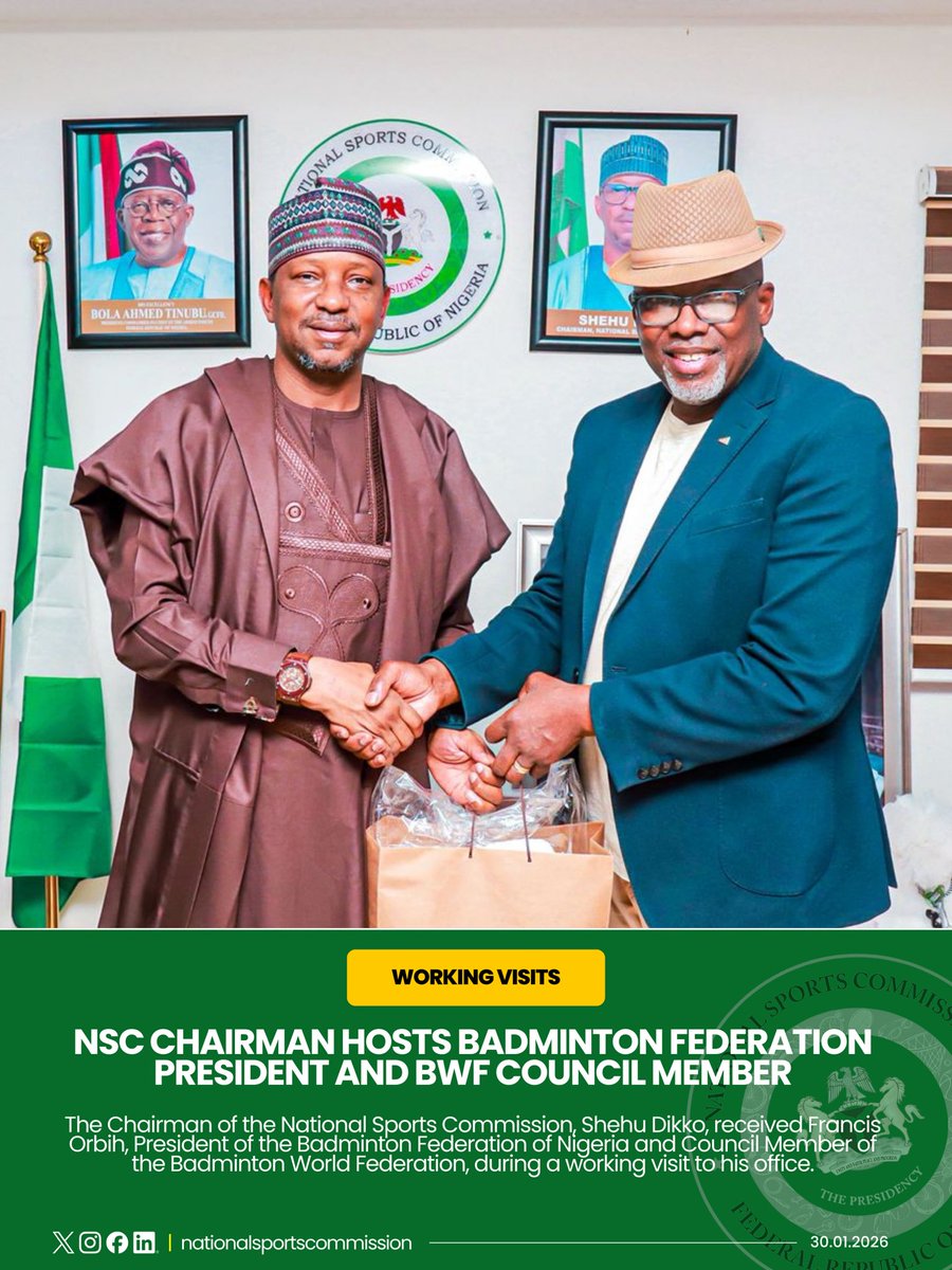 NatSportsComm's tweet image. 🚨 UPDATE: The visit of the Badminton Federation President provided an opportunity for discussions around the development of badminton in Nigeria and alignment with the National Sports Commission’s reform-driven sports development agenda.
.
#NSC #NSCActivitiesUpdate