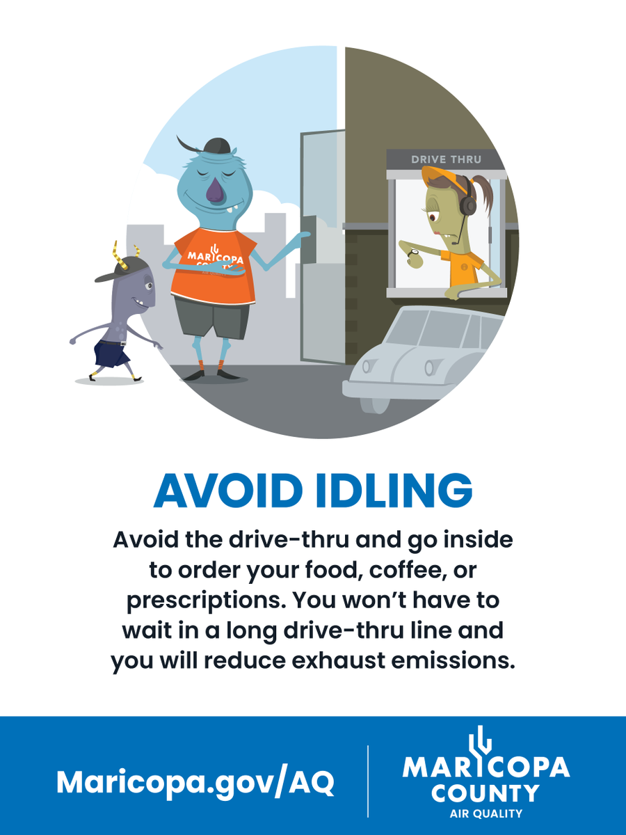 MaricopaAir's tweet photo. Vehicle emissions are a major contributor to the creation of ground level ozone and pollution. As a community, we can be part of the solution to prevent #airpollution by opting to #CommitToOneDay and avoid idling in drive-thru lines. More information at, https://t.co/4DL5YeYzNU. https://t.co/N0vOa1O837