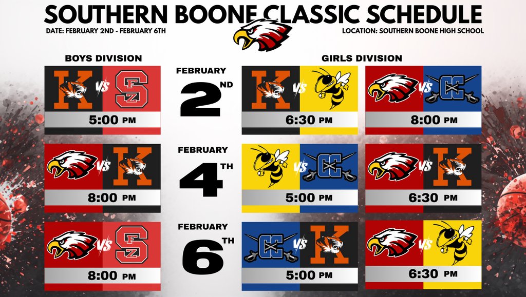 Here is the schedule for the the  Southern Boone Classic! 
Dates: February 2, 4, &amp; 6 
Location: Southern Boone High School