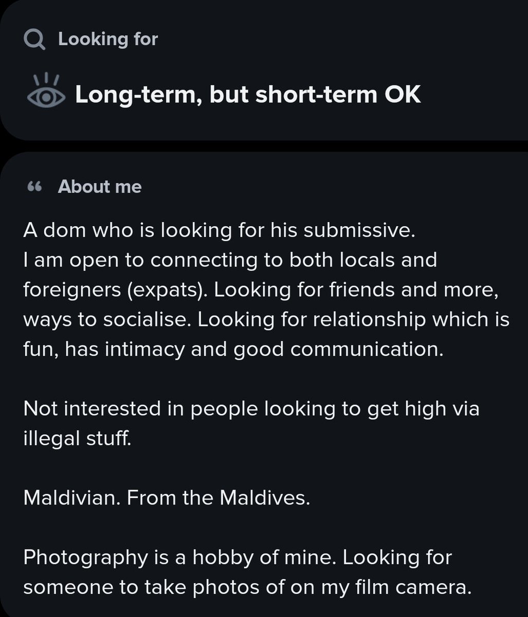 Lets see who I run into on Tinder? Mainly based in the Maldives. But occasionally I do explore Kuala Lumpur by using passport.