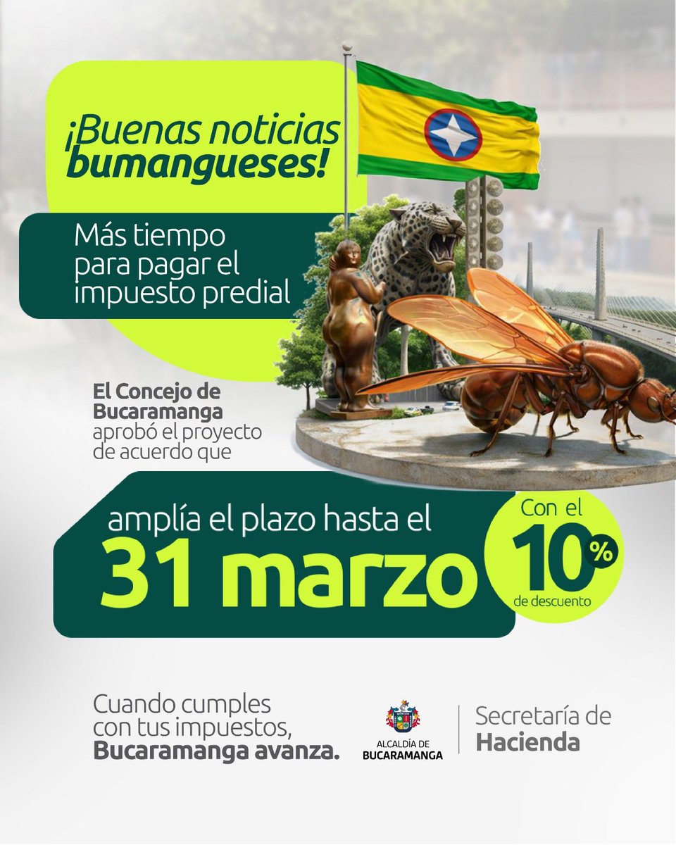 ¡Buenas noticias bumangueses! 💚
Se amplía el plazo y ahora puedes pagar el impuesto predial con 10% de descuento hasta el 31 de marzo.

Cumplir también es aportar al desarrollo de Bucaramanga.

BGA Avanza.