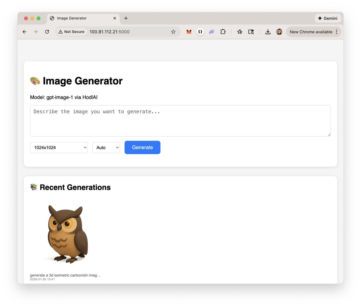 我让 <a href="/openclaw/">OpenClaw🦞</a> 帮我写一个 Flask 程序，接受输入 prompt 然后发送给 <a href="/hodlai_bsc/">HodlAI</a> 的 gpt-image-1 模型生成图片，并且把历史生成记录保存。大概 4 个对话来回，5 分钟之后，一个完全满足需求的程序就跑起来了。这些对话都是在 Telegram 里完成，也就是说，以后想写什么简单的 demo/test 程序，在
