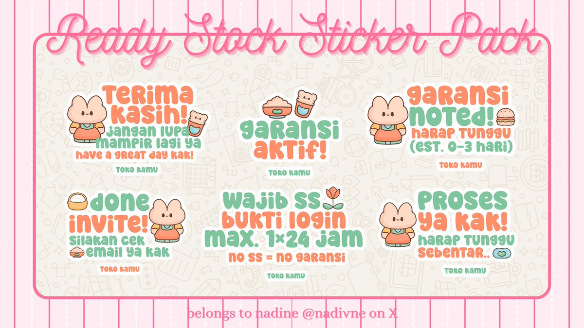 nadivne's tweet image. help repost yaach, maacii 🧸🛍️ 

₊˚🧃📮 HEMLOO OLL! nadine ada 4 sticker pack yang ready untuk dijemput hari enih. ketuk wasapku jika kamu berminat. tidak lupa aku ingatkan untuk 𝙗𝙖𝙘𝙖 𝙙𝙚𝙩𝙖𝙞𝙡 𝙙𝙞 𝘼𝙇𝙏 sebelum jemput yaa bubb 🛒☀️ ₊˚

#zonauang #zonajajan #zonaba