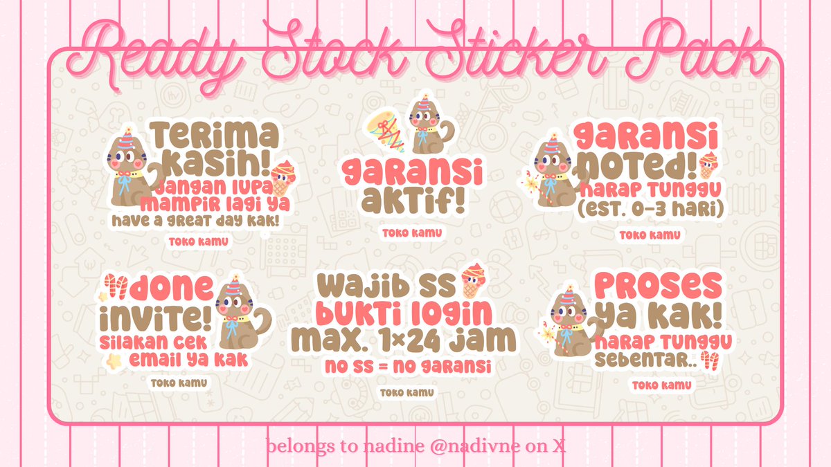 nadivne's tweet image. help repost yaach, maacii 🧸🛍️ 

₊˚🧃📮 HEMLOO OLL! nadine ada 4 sticker pack yang ready untuk dijemput hari enih. ketuk wasapku jika kamu berminat. tidak lupa aku ingatkan untuk 𝙗𝙖𝙘𝙖 𝙙𝙚𝙩𝙖𝙞𝙡 𝙙𝙞 𝘼𝙇𝙏 sebelum jemput yaa bubb 🛒☀️ ₊˚

#zonauang #zonajajan #zonaba