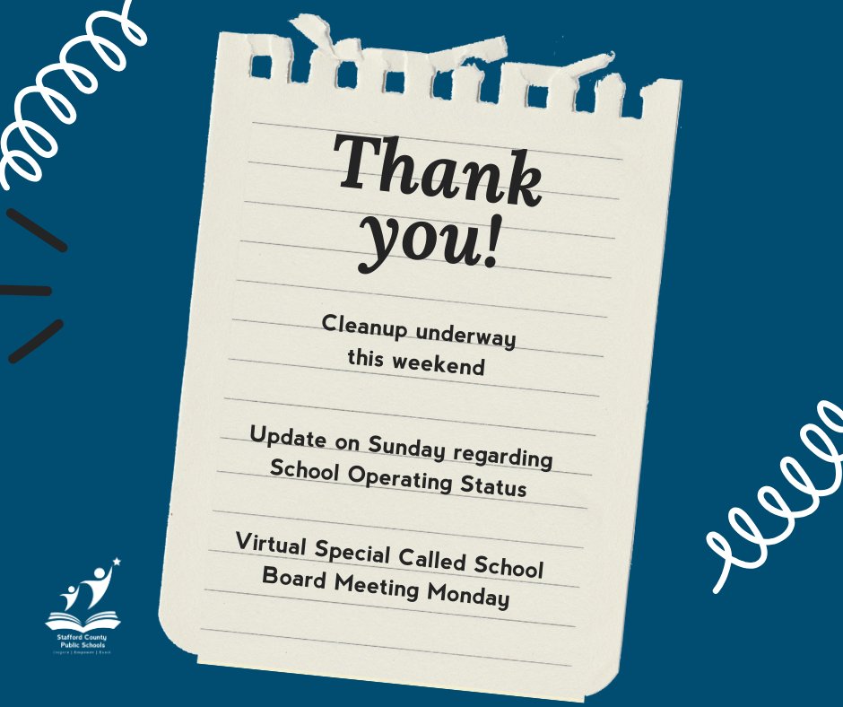 Thank you to our staff and volunteers! We’re still at work throughout the weekend wrapping up cleanup. Status update Sunday. Special Called School Board meeting Monday - all virtual. This is not an indication of Monday’s operating status. See email for all the details.