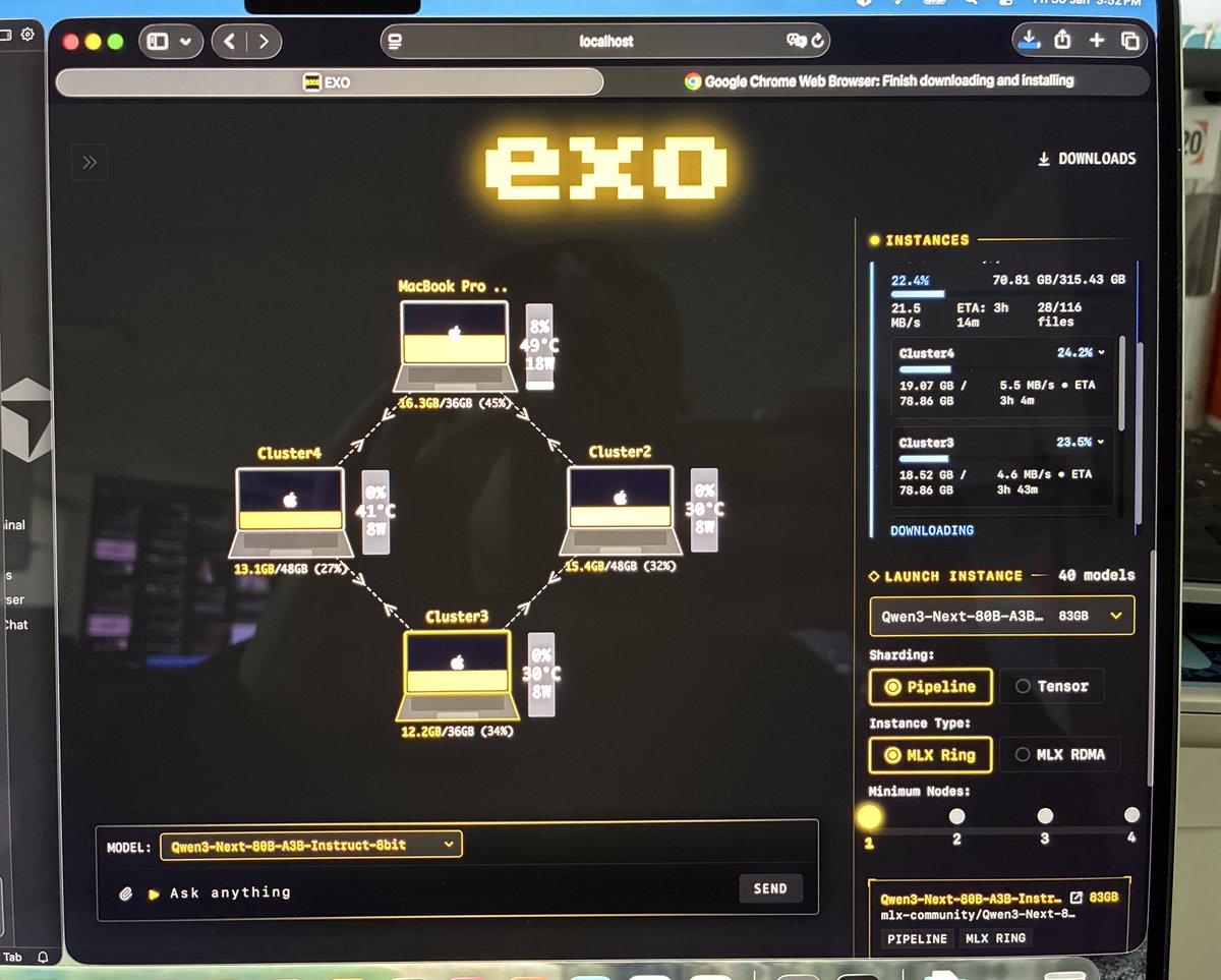 GlitchyMagic_'s tweet photo. I’m running a cluster of 4 MacBook pros using @exolabs 

Let the mayhem begin 😈 https://t.co/lWBgjUc0le