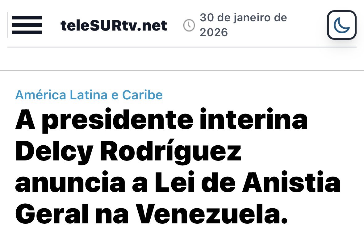 lordivan22's tweet image. 🚨Venezuela 🇻🇪: URGENTE
 Delcy Rodríguez anunciou nesta sexta (30), durante a sessão solene de abertura do ano judicial de 2026, a decisão de promover uma Lei de Anistia Geral que abrangerá todo o período de violência política de 1999 até o presente momento.