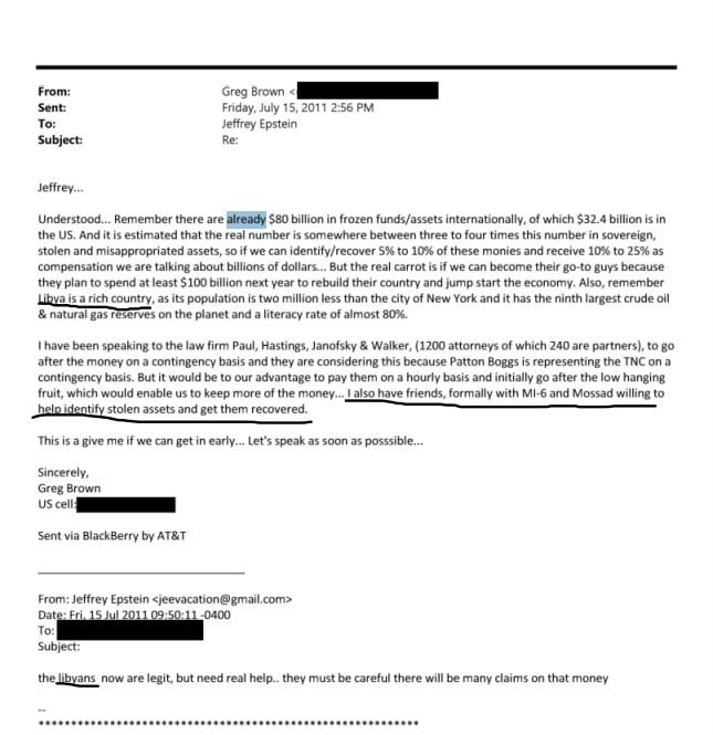 Correos electrónicos de julio de 2011 muestran que Jeffrey Epstein y un socio llamado Greg Brown discutieron planes para extorsionar a funcionarios libios y confiscar activos estatales bajo el pretexto de ayudar a reconstruir el país, con la participación de ex del MI6 y el