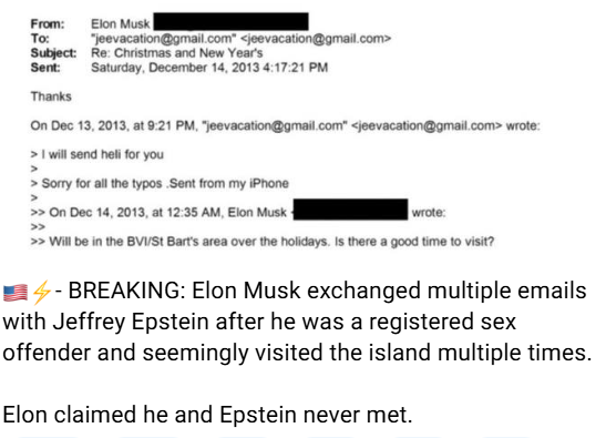 FORTRESSMAXXING's tweet image. Elon Musk is very heavily implicated by the new files, despite claiming he and Epstein never met.

Files and leaked emails show that Elon visited the island multiple times, including requesting Jeff give him the "craziest parties".