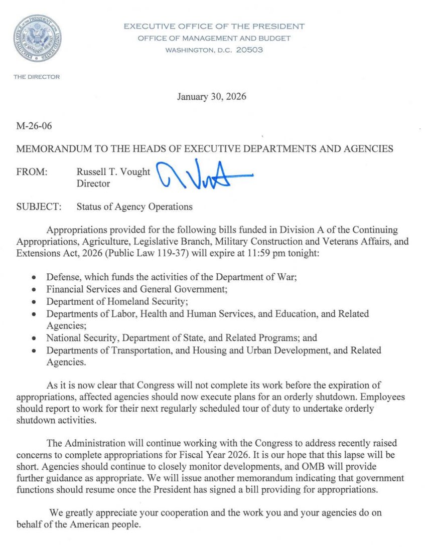 BNONews's tweet image. BREAKING: OMB confirms government shutdown starts at midnight