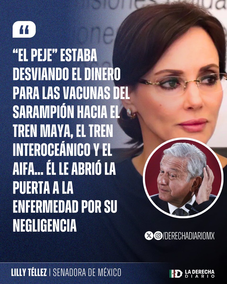 DerechaDiarioMX's tweet image. 🇲🇽 | La Senadora @LillyTellez apuntó contra el narcoexpresidente AMLO por corrupto y negligente: "'El Peje' estaba desviando el dinero para las vacunas del sarampión hacia el Tren Maya, el Tren Interoceánico y el AIFA... Él le abrió la puerta a la enfermedad".