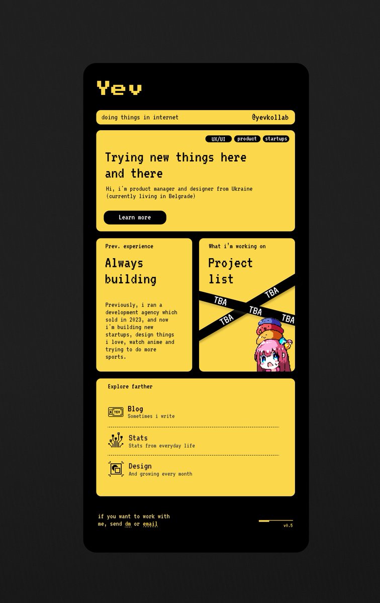 yevkollab's tweet photo. New design for my website

decided to explore pixel-style further, and this time with a little cyberpunk vibes (mostly from the color) https://t.co/VPapXE2nZJ