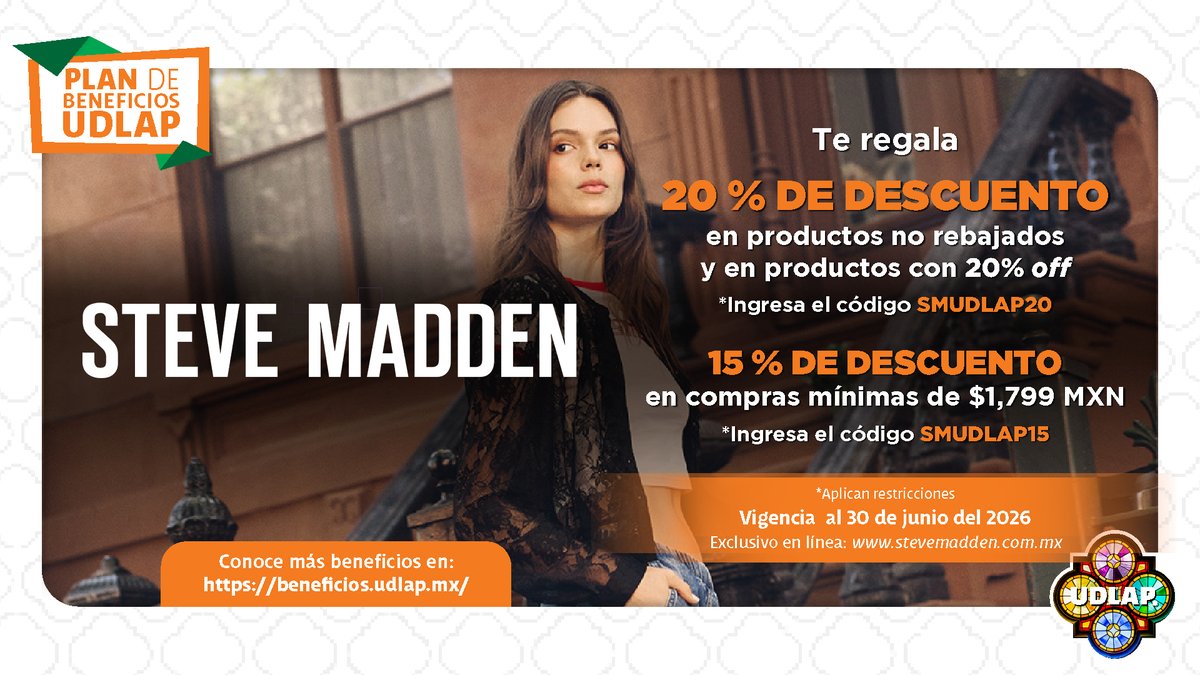 Tu Plan de Beneficios UDLAP sigue sumando ventajas para ti. ✨
Como egresado, tienes descuentos exclusivos en <a href="/SteveMaddenMX/">SteveMaddenMX</a> para que aproveches tus compras con un plus.
🔗 Consulta cómo usar tu beneficio aquí:
beneficios.udlap.mx/producto/steve…

#exaUDLAP #BeneficiosUDLAP #SteveMadden