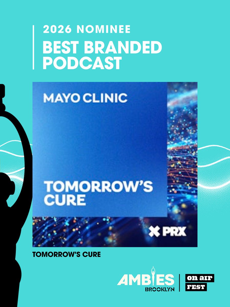 MayoClinic's tweet photo. Mayo Clinic’s podcast Tomorrow’s Cure has been nominated for Best Branded Podcast at the 2026 Ambies Awards, recognizing excellence in audio storytelling!

This nomination celebrates our commitment to sharing cutting-edge research, technology, and breakthroughs shaping the future of medicine.

A huge thank‑you to our listeners and the incredible Mayo Clinic experts who make this work possible. https://t.co/kJ4Qdsmpgq