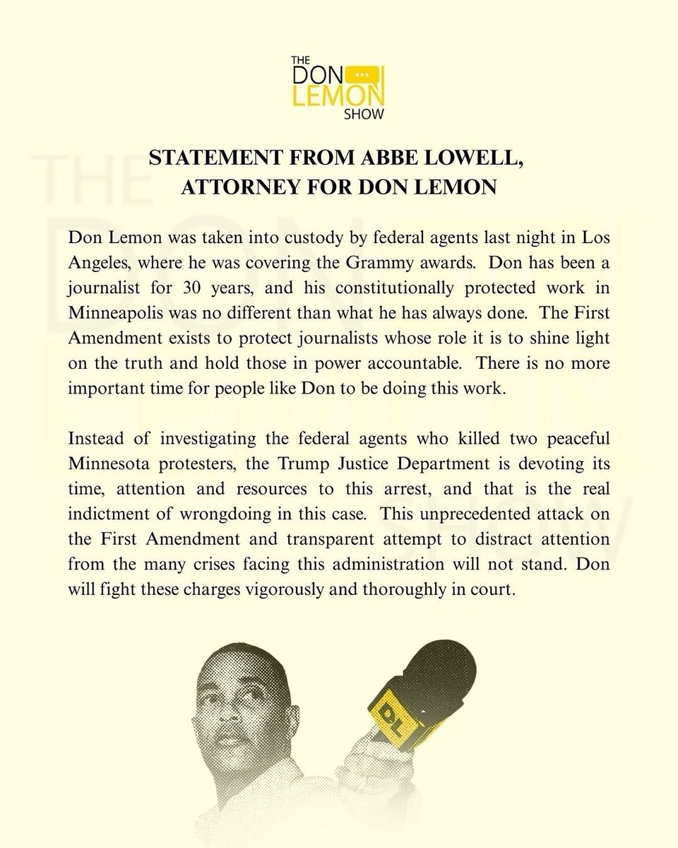 .<a href="/MAP_Canada/">Media Action Plan</a> condemns the arrests of American journalists Don Lemon and Georgia Fort during a protest last week at a Minnesota church, calling it an assault on press freedom in the strongest terms possible.
buff.ly/32vV6Pw 
#canlab