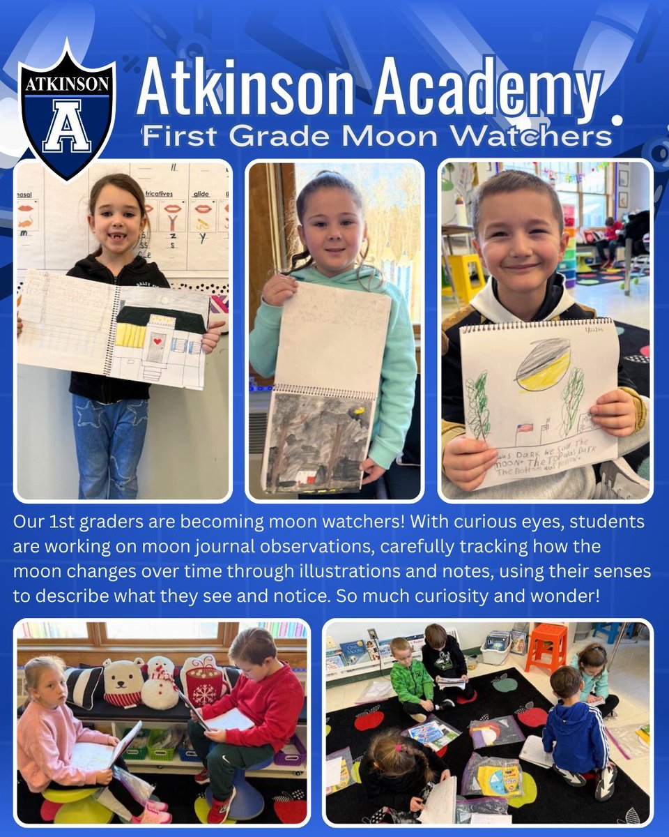 1st graders are becoming moon watchers! With curious eyes, students are working on moon journal observations, carefully tracking how the moon changes over time through illustrations and notes, using their senses to describe what they see and notice. So much curiosity and wonder!