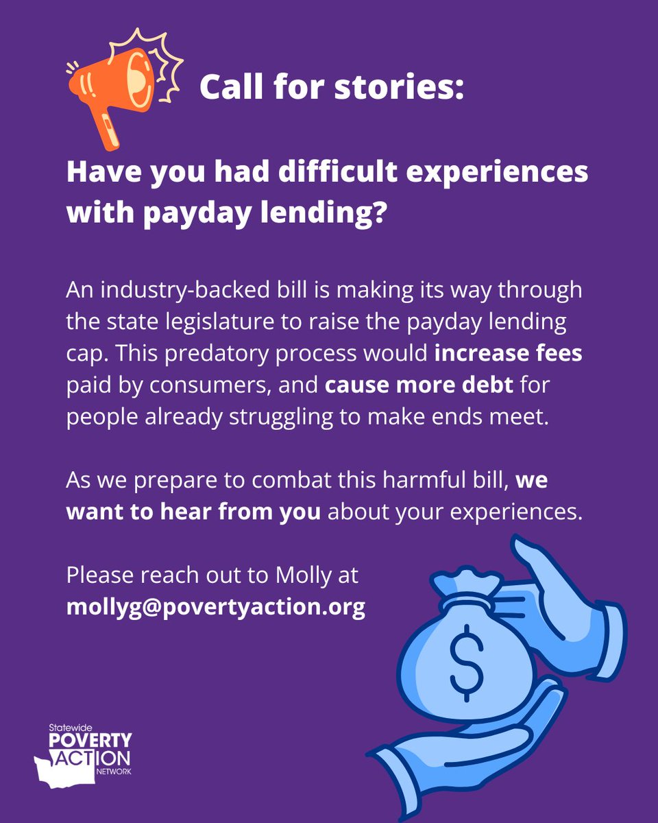 povertyactionwa's tweet photo. We want to hear from you! Reach out to mollyg@povertyaction.org with your payday lending stories to help us keep strong consumer protections in place. https://t.co/WblmV10UYh