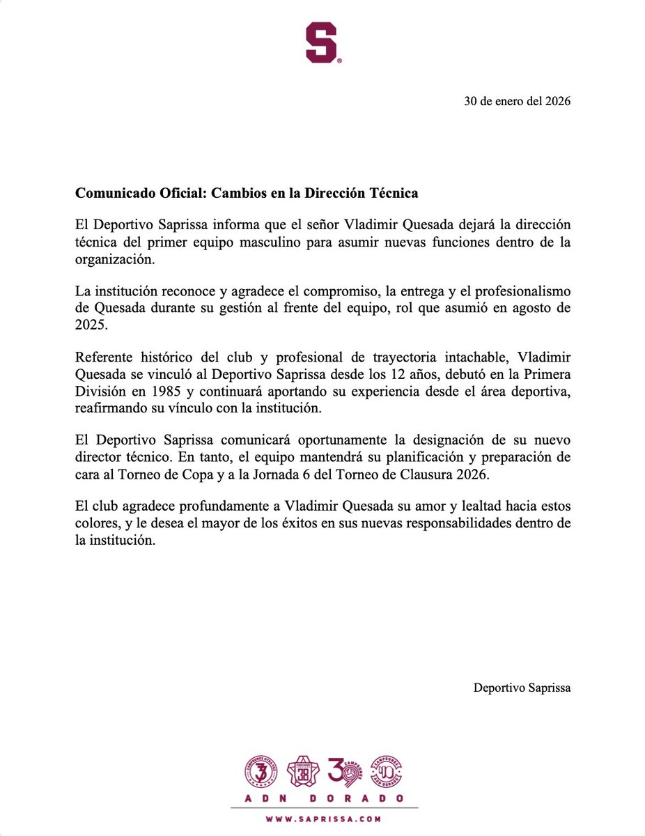 Esta tarde, junto a Erick Lonis y Federico Serrano, tuve la muy triste experiencia de reunirme con Vladimir Quesada y Marco Herrera para comunicarles que no seguirían al frente del primer equipo del Deportivo Saprissa. Triste porque no es un escenario ideal empezar mi gestión