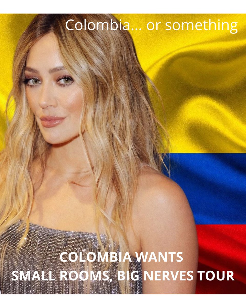 HilaryDColombia's tweet photo. #ColombiawantsSmallRoomsBigNervesTour #ColombiaOrSomething

Queremos a Hilary en Colombia!!!

@OcesaColombia @warnermusiccol @HilaryDuff https://t.co/7K12ajDEak