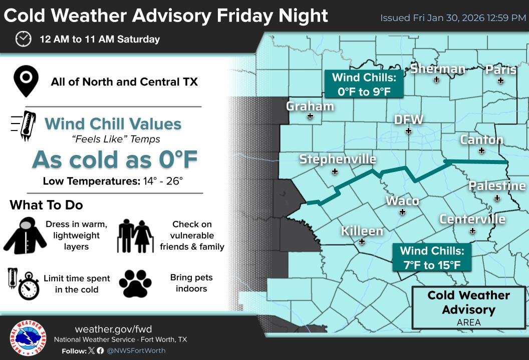 🥶Friendly reminder a Cold Weather Advisory is in effect for our entire area from 12 AM tonight through 11 AM tomorrow morning. With wind chills dipping down into the single digits for most, be sure to bundle up if you need to go outdoors for any reason! Stay warm y'all!