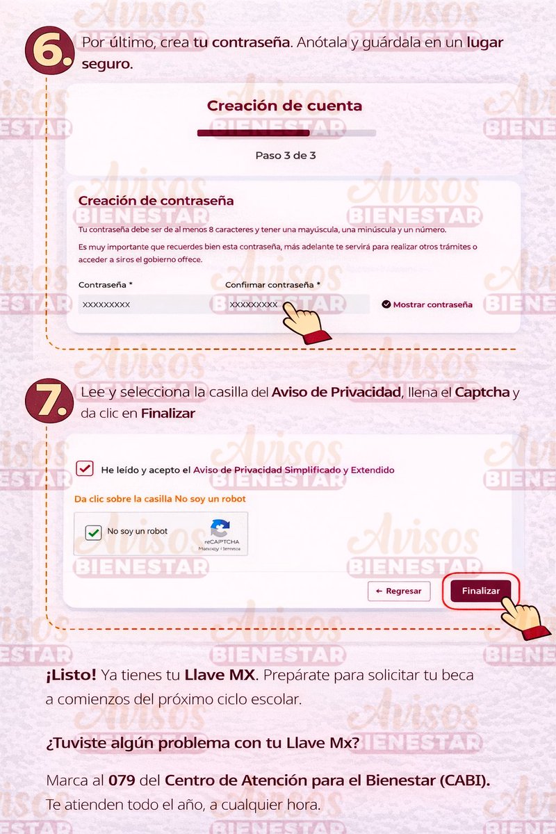 avisosbienestar's tweet image. ¿Aún no tienes tu Llave MX? 🔐
En este tutorial se explica, paso a paso, cómo crearla para facilitar tu registro a las Becas para el Bienestar y a la Beca “Rita Cetina”.
Ten a la mano tu CURP, teléfono o correo y sigue las indicaciones de la imagen. 💻

#LlaveMX #BecasBienestar