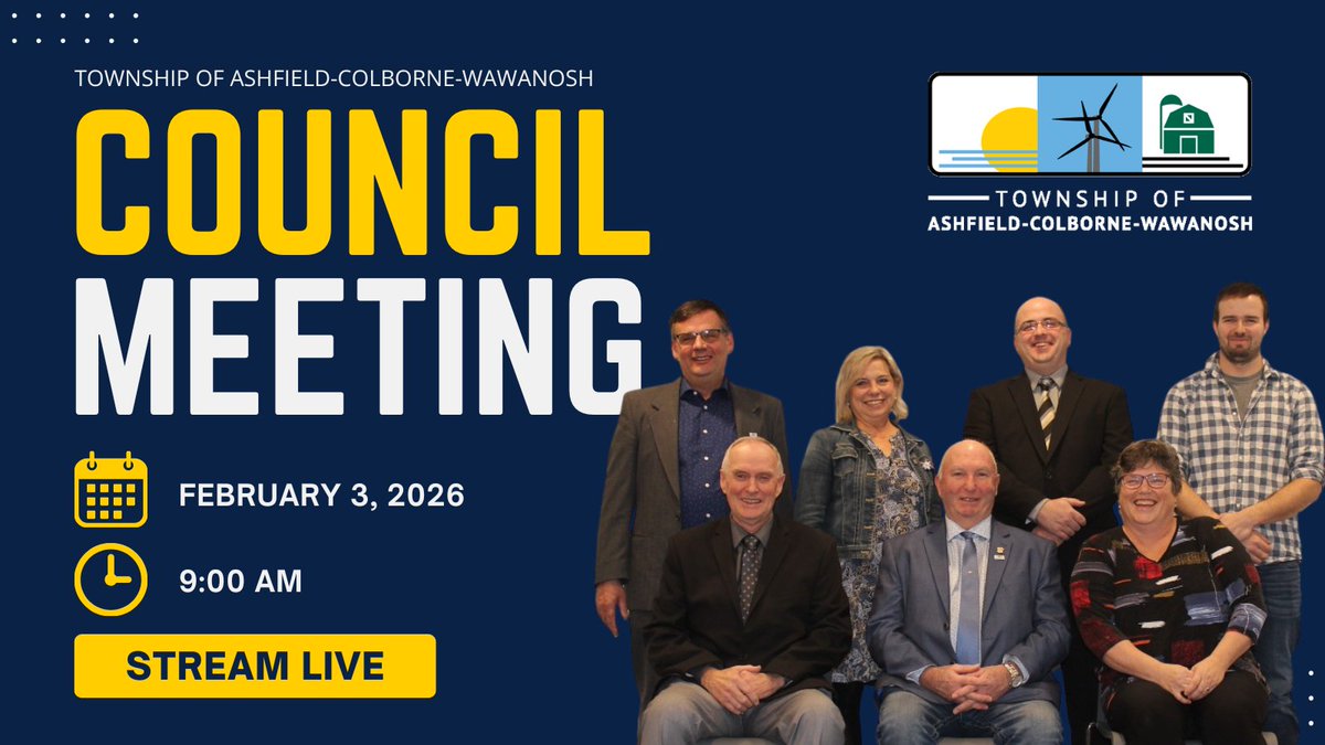 The Township of Ashfield-Colborne-Wawanosh Council will meet in regular session on the 3rd day of February, 2026 at 9:00 a.m.
The agenda and livestream can be viewed at acwtownship.ca/government/age….