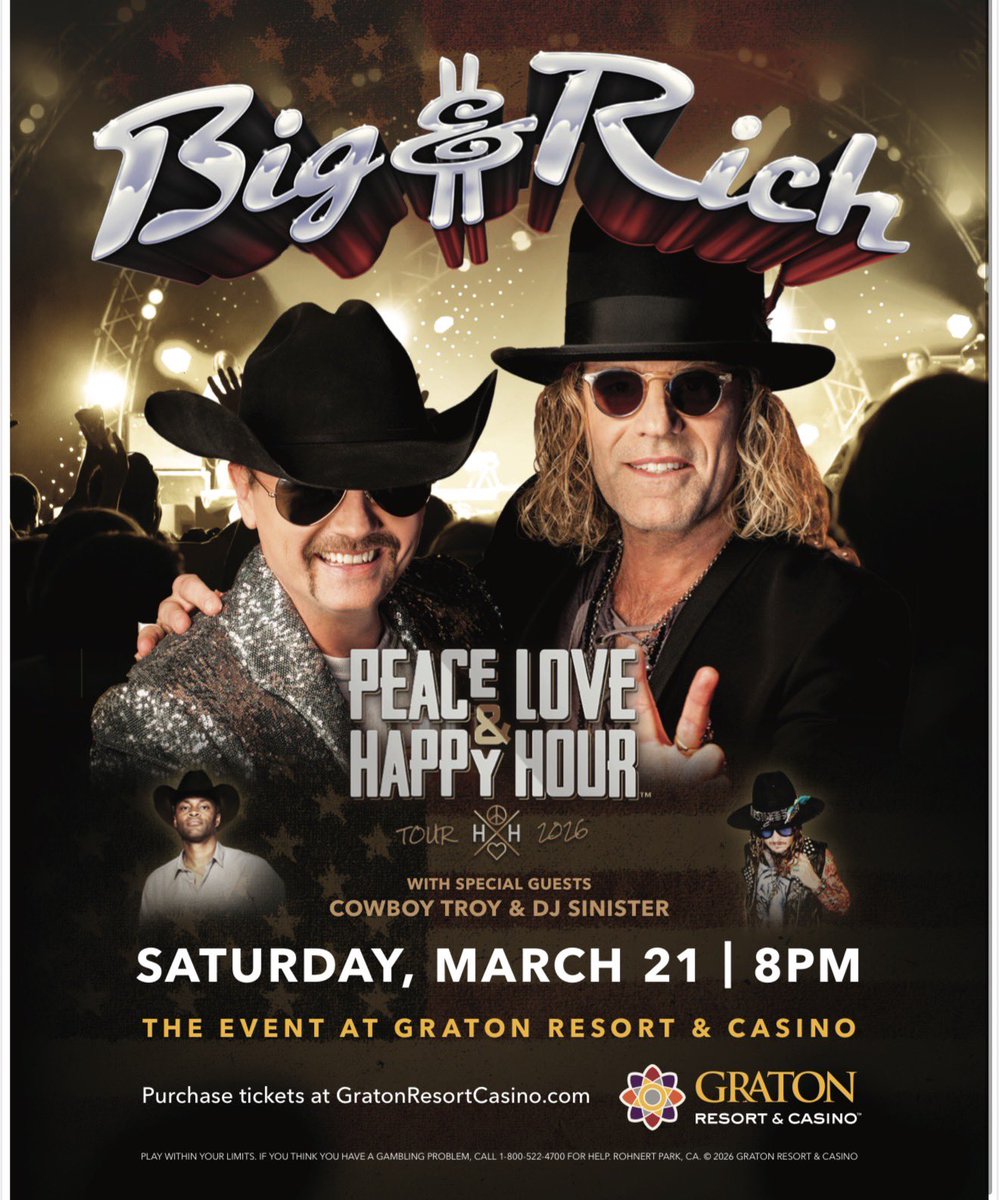 bigandrich's tweet photo. Big &amp; Rich at Graton Resort and Casino! 
Sat • Mar 21, 2026 • 8:00 PM PST

The Event at Graton Resort &amp; Casino
Rohnert Park, CA
Special guest Cowboy Troy &amp; DJ Sinister

Get Your Tickets Now!
https://t.co/tszIQA3bRW https://t.co/7DkCSftdnb