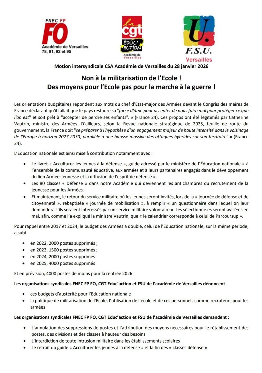 Non à la militarisation de l’Ecole !
Des moyens pour l’Ecole pas pour la marche à la guerre !
FNEC FP #FO, #CGT Educ’action et #FSU de l’académie de Versailles dénoncent #budgets d’austérité, l’utilisation de ces personnels comme recruteurs pour les armées.
#EducationNationale