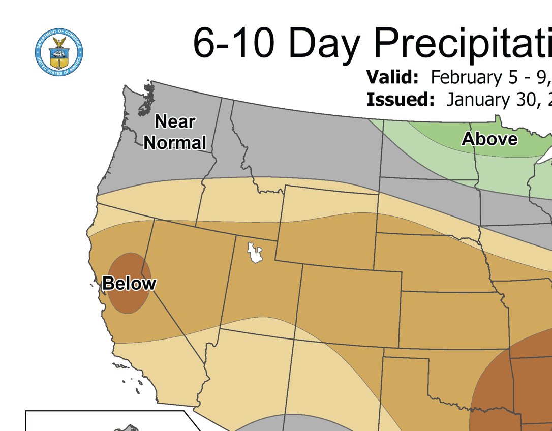 Last rain for LA was Jan. 4th.  Last rain for SF was Jan 7th.  Fire season for S Cal may ramp up: North 15 to 25 mph with gusts to 40 mph Tuesday morning through Thursday afternoon.  Temperatures 10 to 20 degrees above normal + minimum humidity  12% and 25% Tues - Thurs  #cawx