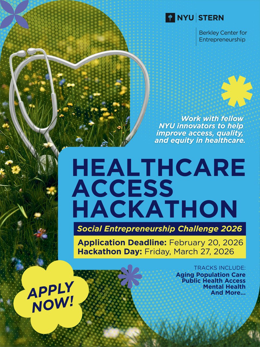 nyuinnovation's tweet photo. Applications are open for the Healthcare Access Hackathon 🏥✨

Work across disciplines to design real solutions that improve access, quality, and equity in healthcare, in partnership with NYU schools and real world organizations.

Apply before 2/20 at: https://t.co/XtU6Y5OzWV https://t.co/VtfLpoPWrI
