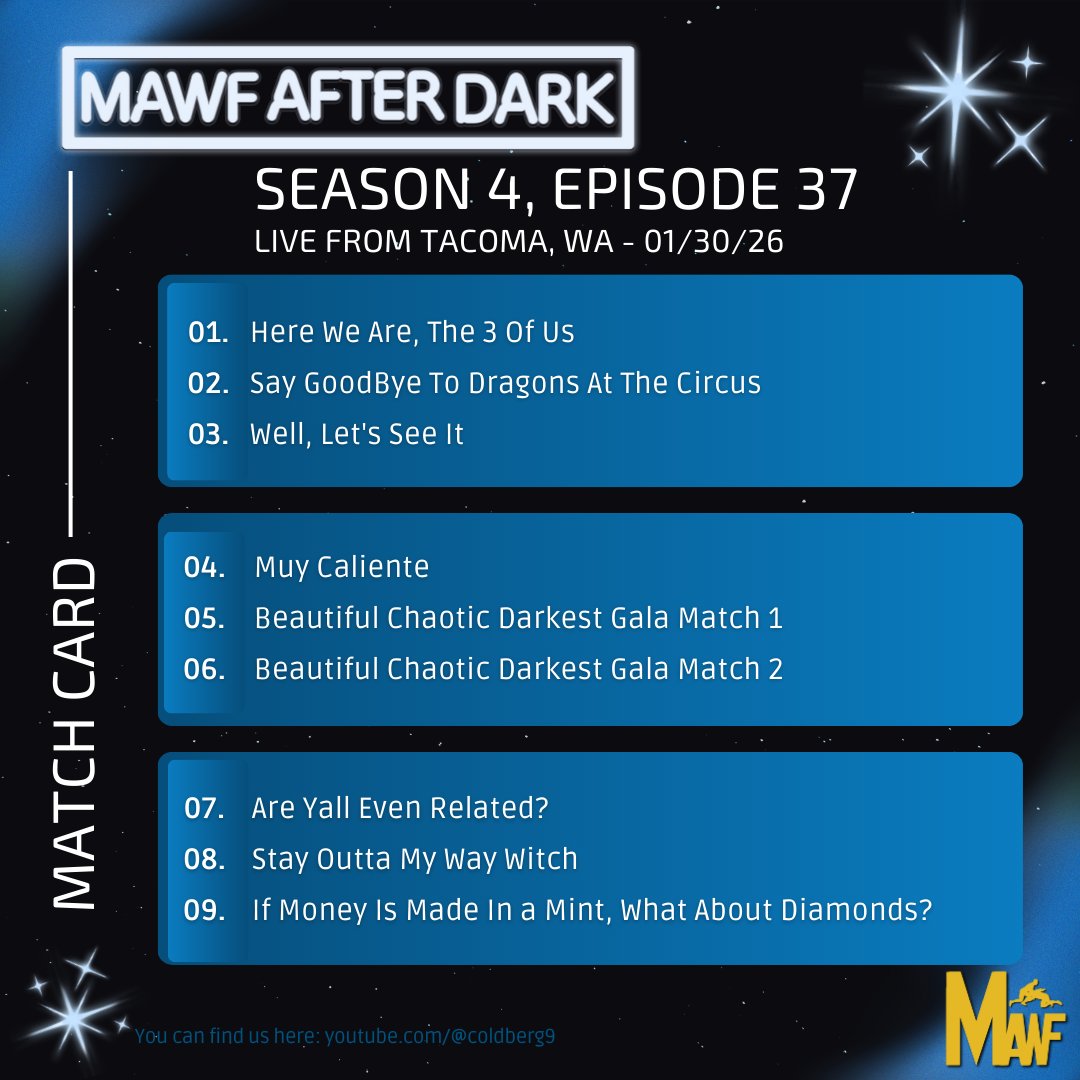 Woot -  it's Fallout Friday time🙌🏾 Tonight is S4:E37 of #MAWFAfterDark, and we're in Tacoma, WA! Your match card is below.

There's more glorious Post-PLE misunderstandings this evening - be there. You don't want to miss it twitch.tv/coldberg9 ! #WWE2K25 #Wrestling #MAWF