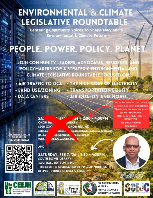 naacpmd_ecj's tweet photo. Due to inclement weather, the 1/31 event has been postponed. We'll post updated information once the rescheduled details are finalized. There is still time to register for the 2/7 event, featuring Dr. Sacoby Wilson
@ceejhcenter, @ https://t.co/rnOiDcDTes. Thank U for ur patience. https://t.co/SN88R6C1s4